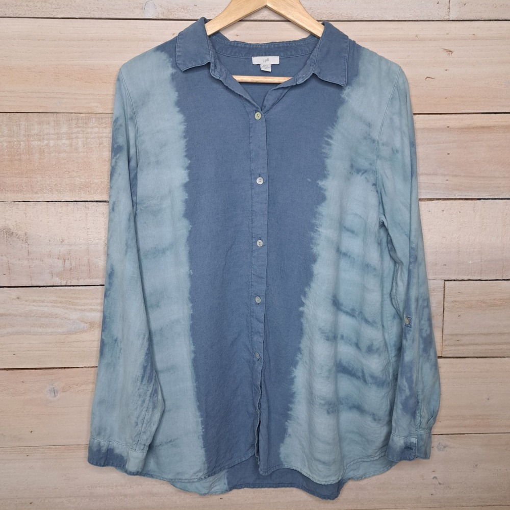 Artisan Coastal Grandmother J Jill Women's Medium Tall Linen Blend Blue Tunic